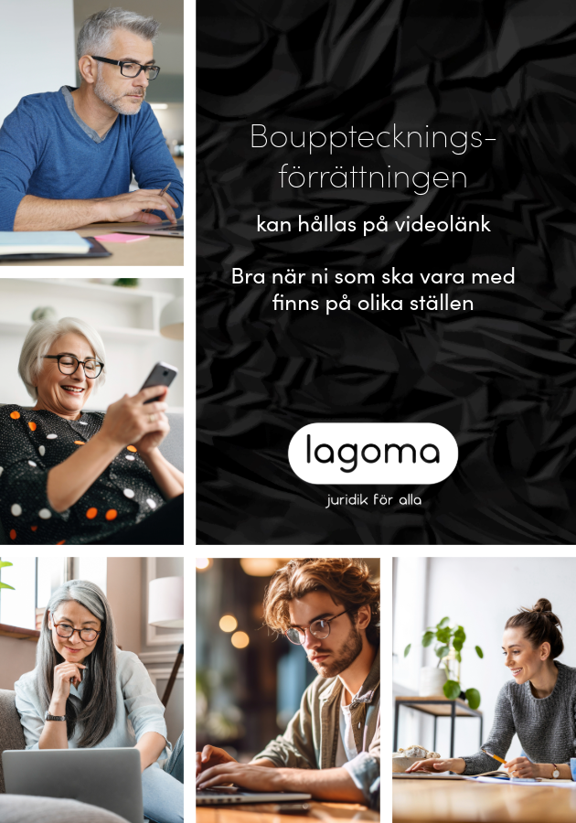 Bilder på fem personer som sitter hemma hos sig med en dator eller telefon
